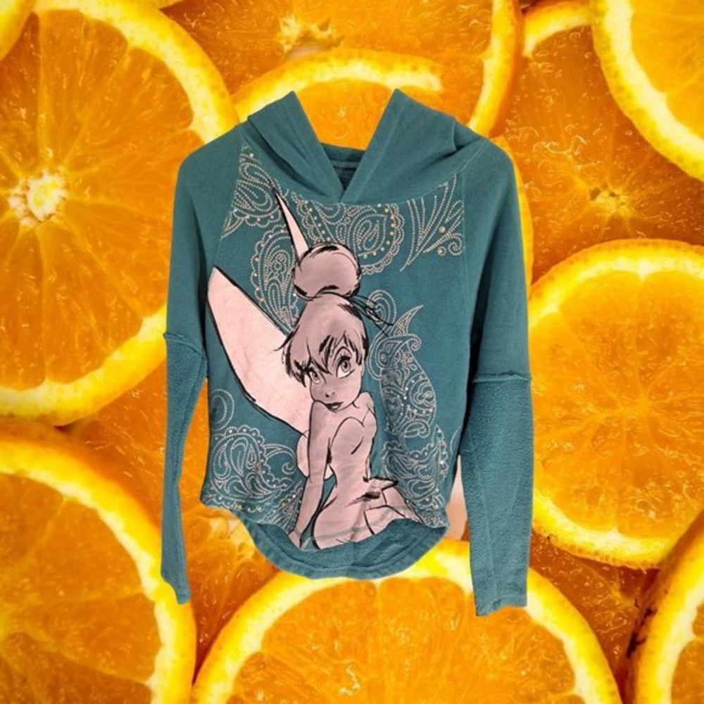TINKERBELL Lightweight Hoodie with Sparkles Teal Size Small